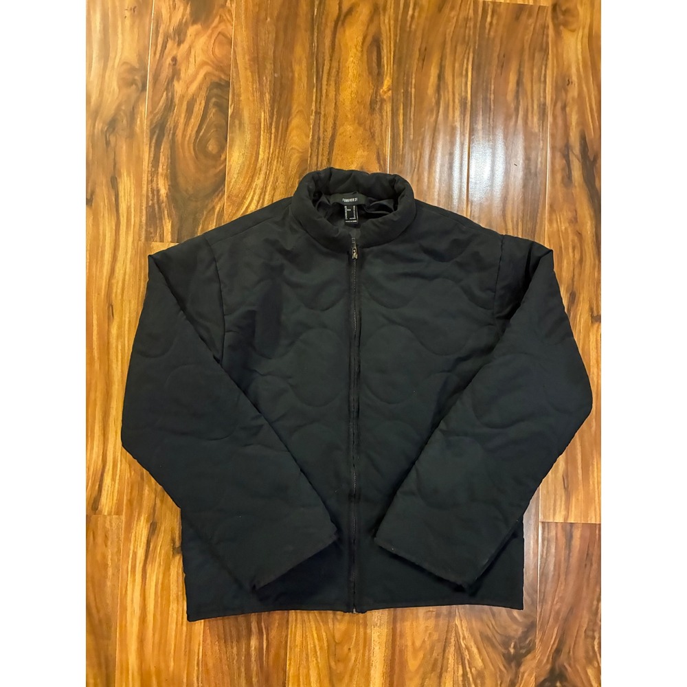 Forever 21 Mens Black Quilted Puffer Jacket Full Zip Onion Stitch Mock Neck M‎